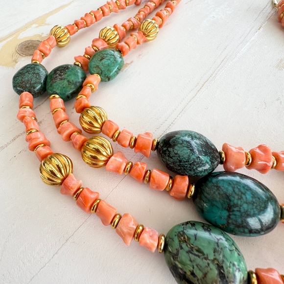 Signed Vintage Kenneth J Lane Triple Strand Faux Coral Turquoise Gold Tone - Picture 5 of 8